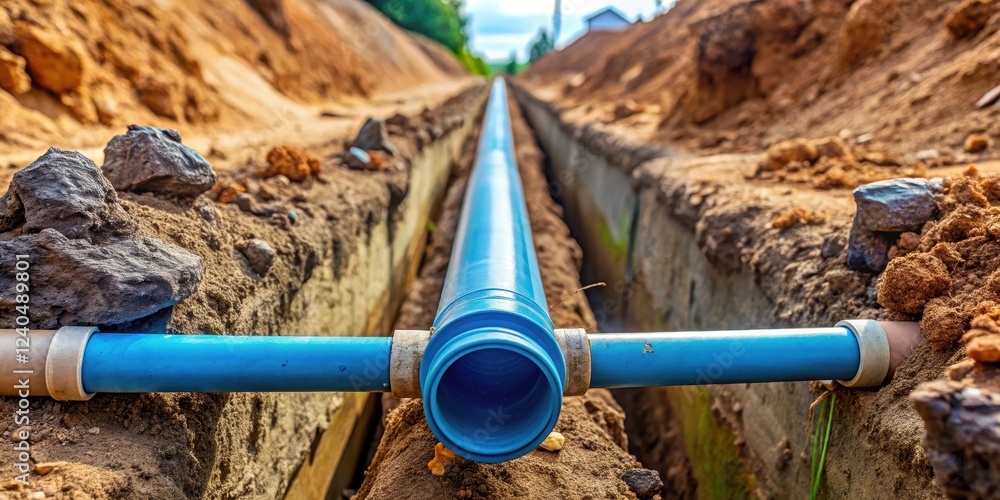 PVC pipe with visible connections to a home well water system in a trench PVC pipe with visible connections to a home well water system in a trench