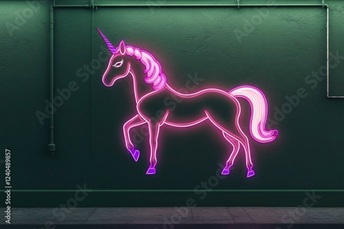 A neon unicorn silhouette with glowing pink and violet accents on a matte dark green wall for a whimsical yet chic style.