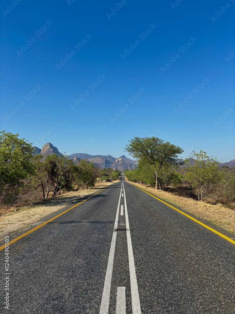Beautiful South African Road through Savanna close to Kruger National Park and Panorama Route, Mpualanga, South Africa, Stock Photo Beautiful South African Road through Savanna close to Kruger National Park and Panorama Route, Mpualanga, South Africa, Stock Photo
