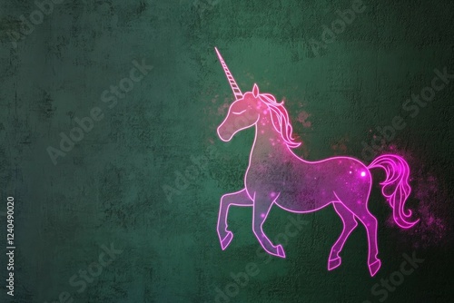 A neon unicorn silhouette with glowing pink and violet accents on a matte dark green wall for a whimsical yet chic style.