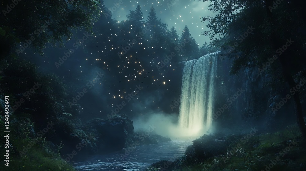 Misty Waterfall Cascading in a Starry Night Forest Misty Waterfall Cascading in a Starry Night Forest