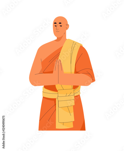 Buddhist prays, meditates during spiritual ritual. Monk of buddhism religion, belief. Religious person prayer, chinese clergy at sacred attire. Flat isolated vector illustration on white background