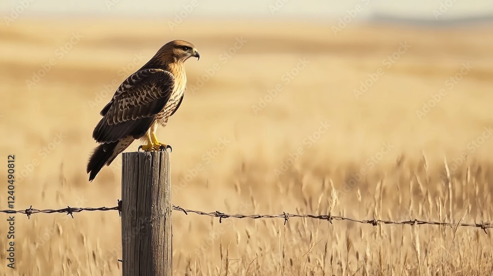 Fototapeta premium Red-tailed hawk perched on a fence post, scanning the ground for prey.