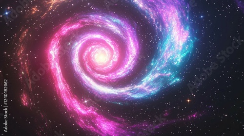 A neon spiral galaxy glowing in pink, purple, and blue hues, with stars sparkling on a cosmic black backdrop.