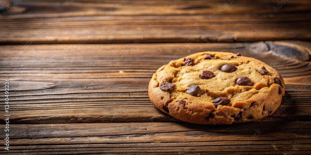 Warm golden brown cookie with a single chocolate chip sitting atop a rustic wooden table, snack Warm golden brown cookie with a single chocolate chip sitting atop a rustic wooden table, snack