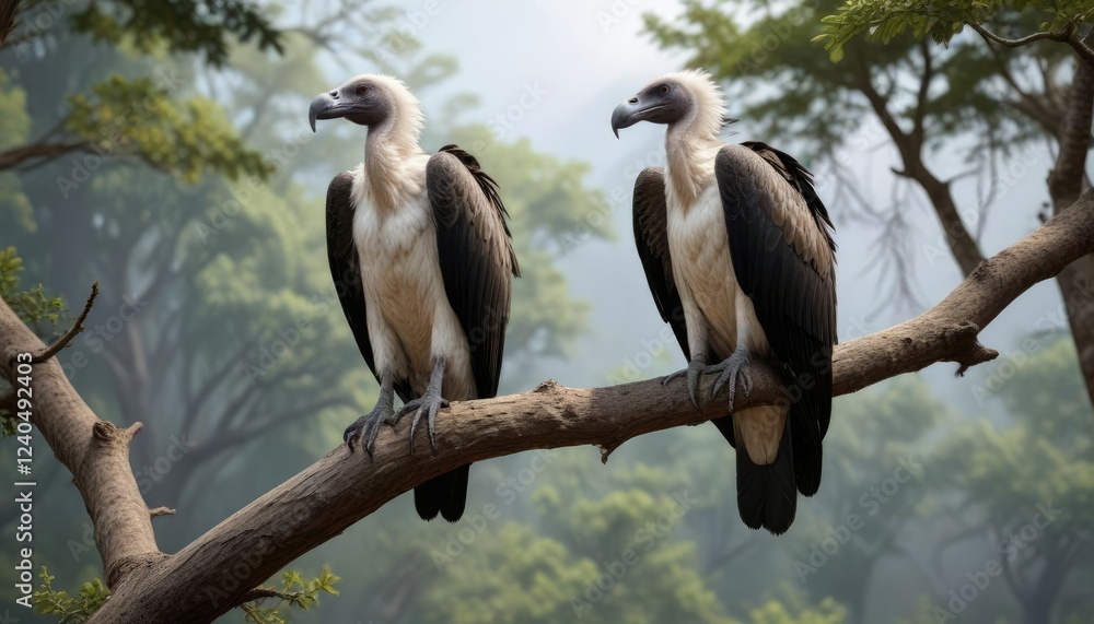 Rear view of white rumped vulture perched on a tree branch, observant, wildlife photograph, animal extinction Rear view of white rumped vulture perched on a tree branch, observant, wildlife photograph, animal extinction