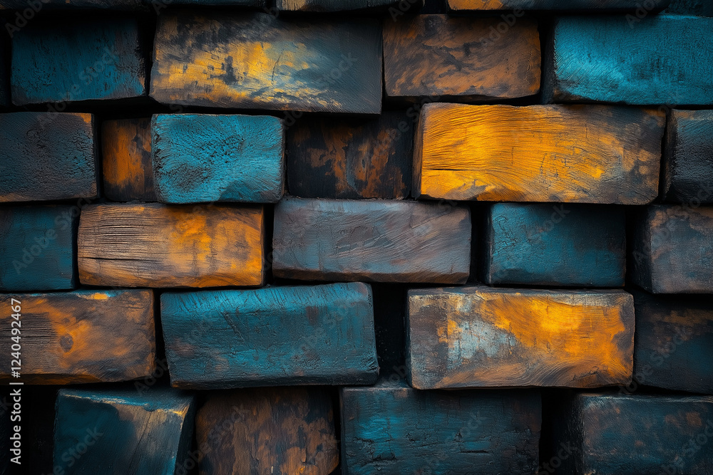 Vibrant abstract aged wood texture with stacked wooden blocks on wall – Colorful artistic architectural background for creative designs Vibrant abstract aged wood texture with stacked wooden blocks on wall – Colorful artistic architectural background for creative designs