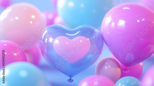 Cute 3d render of a heart shaped balloon floating for valentine day
