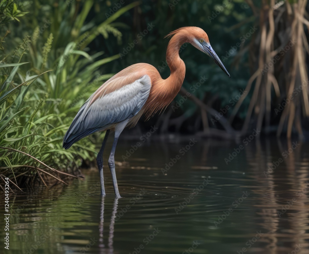Naklejka premium Reddish egret stretches its long neck to scan water, reddish egret, wetlands, bird