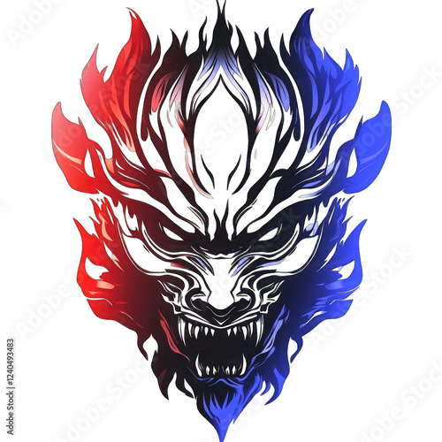 Intense digital art depicting a fiery Oni mask with red and blue flames Perfect for gaming or fantasy projects photo