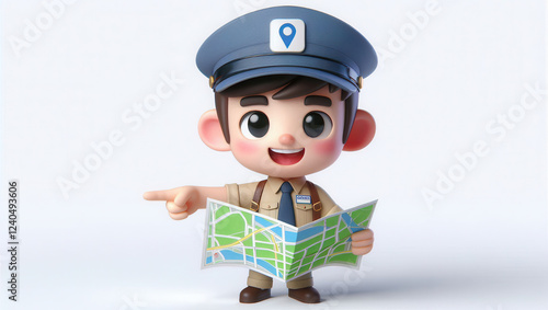 Friendly cartoon character giving directions with map urban setting 3d illustration photo