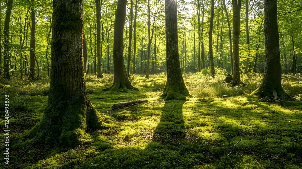 Obraz premium Lush green forest with sunlight filtering through trees, tranquil natural setting, perfect for meditation or nature walks.
