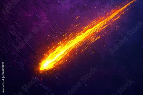 A neon shooting star glowing in radiant yellow and orange, streaking across a deep navy and purple textured background.