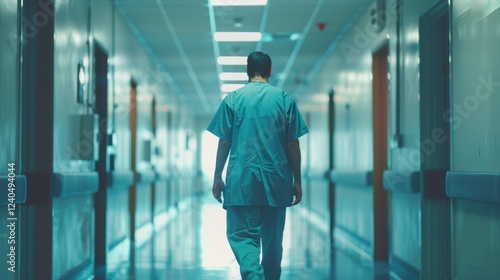 Male healthcare professional in scrubs walking down a hospital corridor with bright lighting and a sense of solitude and dedication to patient care