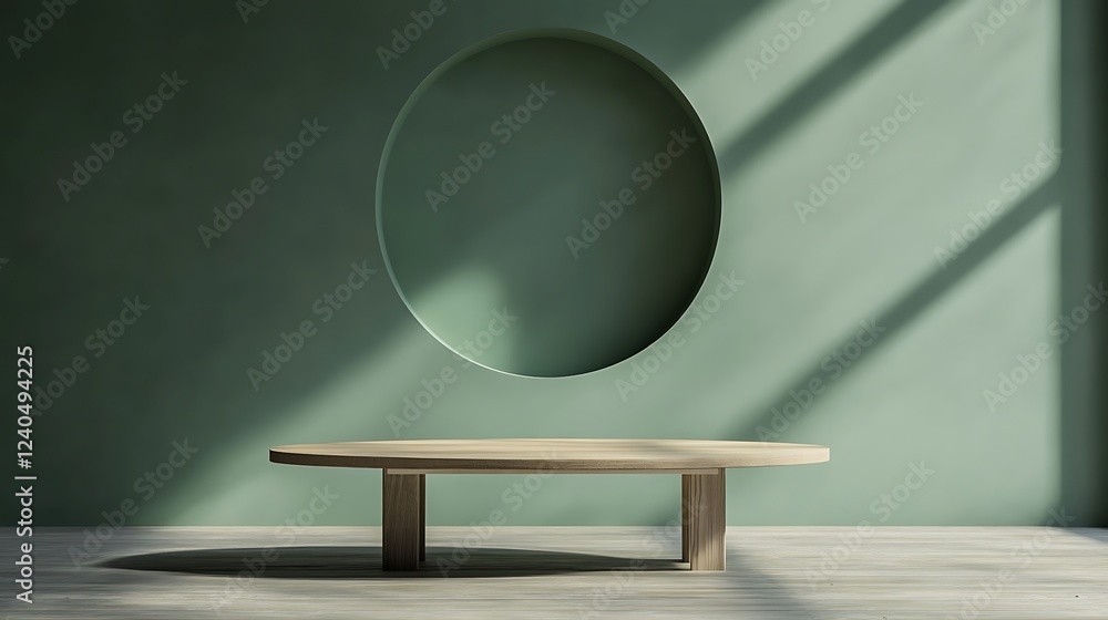 Minimalist wooden table in a sage green room with sunlight and circular wall feature. Minimalist wooden table in a sage green room with sunlight and circular wall feature.