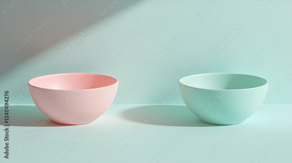 Soft Minimalist Bowls in Pastel Pink and Light Blue Against a Smooth Background Soft Minimalist Bowls in Pastel Pink and Light Blue Against a Smooth Background