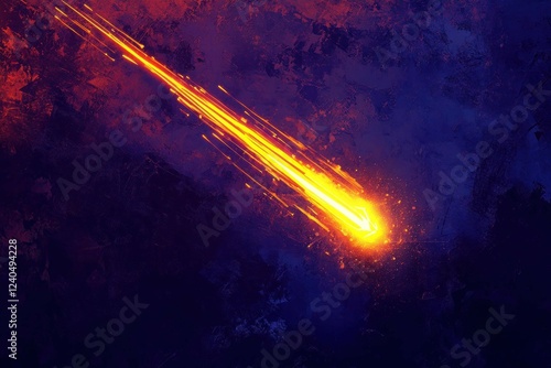 A neon shooting star glowing in radiant yellow and orange, streaking across a deep navy and purple textured background.