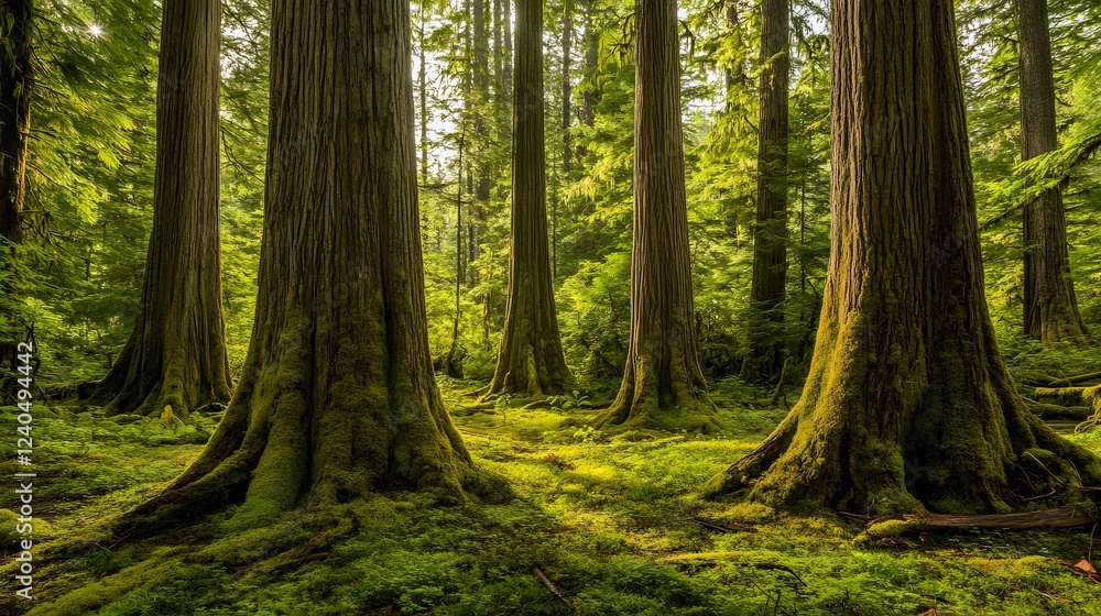 Naklejka premium Lush forest landscape, towering trees with thick trunks, sunlight filtering through leaves, serene natural environment for relaxation.