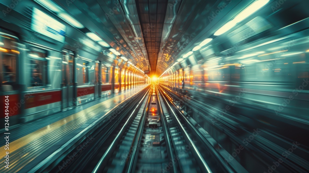 Fototapeta premium Dynamic Motion of a Subway Train Approaching Station with Vibrant Light Effects and Blurred Lines Capturing Urban Transit Energy