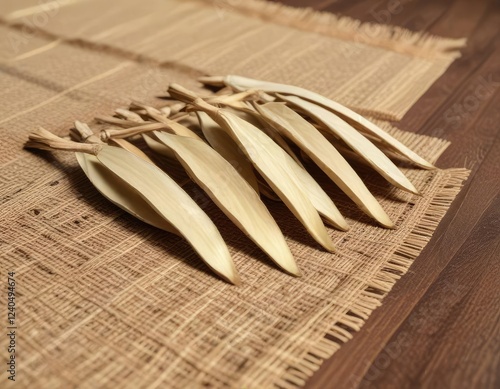 Row of vanilla pods laid out on a woven mat, drying in the warm sunlight , vanilla, photo