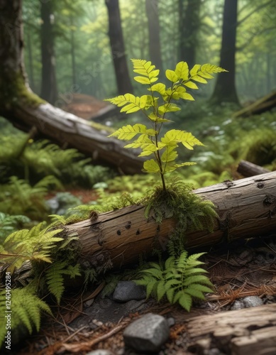 Sassafras albidum sapling growing near a fallen log with moss and ferns surrounding it, nature photography, earthy tones photo