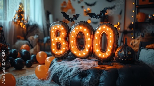 Enchanting Halloweenthemed room with oversized glowing 'BOO' on the wall surrounded by festive bats cobwebs and black and orange balloons softly lit to enhance the celebratory mood photo