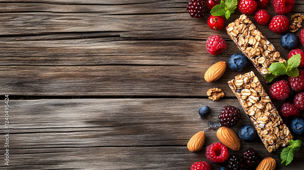 Rustic granola bar with mixed berries, almonds, and mint leaves on textured wooden surface, ideal for healthy snack themes, meal preparation, breakfast ideas, and nutrition-focused lifestyle visuals.
Rustic granola bar with mixed berries, almonds, and mint leaves on textured wooden surface, ideal for healthy snack themes, meal preparation, breakfast ideas, and nutrition-focused lifestyle visuals.