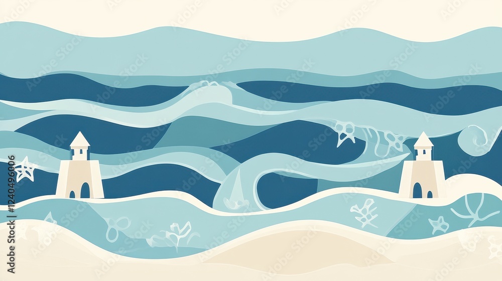 Coastal Towers Amidst Abstract Ocean Waves Coastal Towers Amidst Abstract Ocean Waves