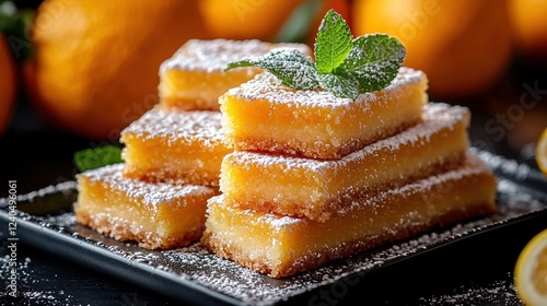 Perfectly arranged narrow rectangular lemon bars, dusted with powdered sugar and garnished with mint leaves, are placed on top of each other in an elegant display
