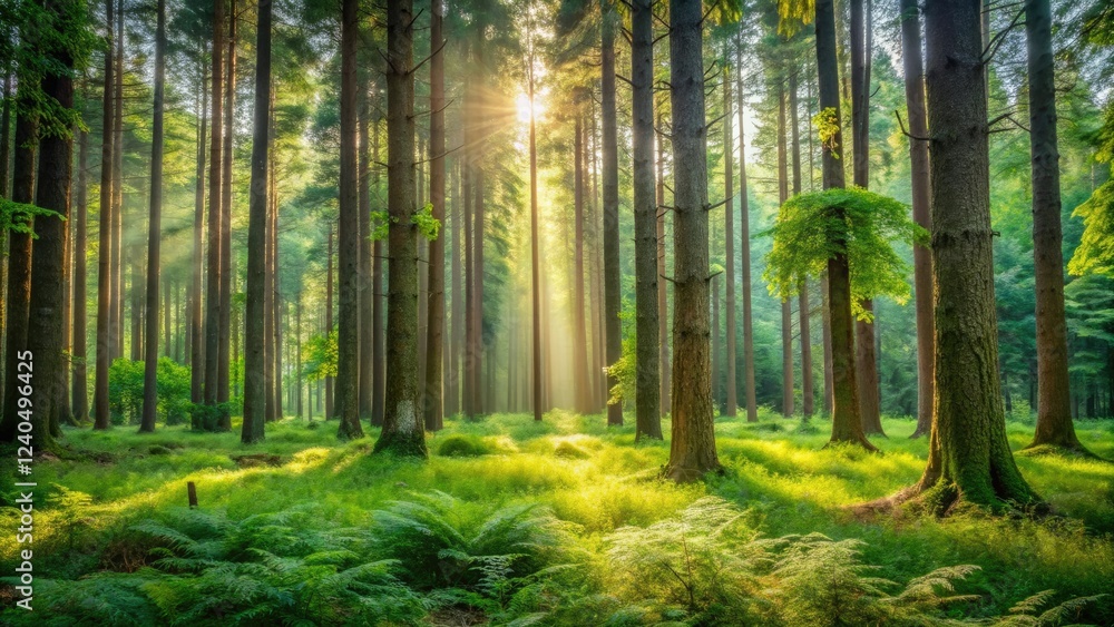 Obraz premium serene and peaceful atmosphere of a forest with tall trees and overgrown undergrowth, outdoors, undergrowth, forest, wilderness, greenery
