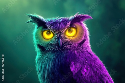 A neon owl with glowing yellow eyes and vibrant purple feathers, set against a gradient forest-green background for a nocturnal ambiance.