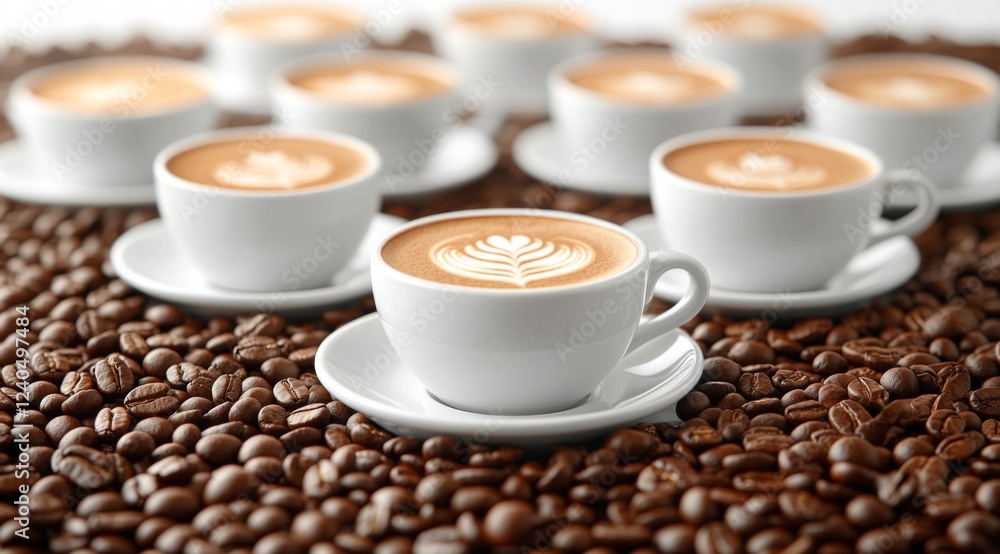 Fototapeta premium Cups of latte art display surrounded by coffee beans in a cozy cafe setting during morning hours