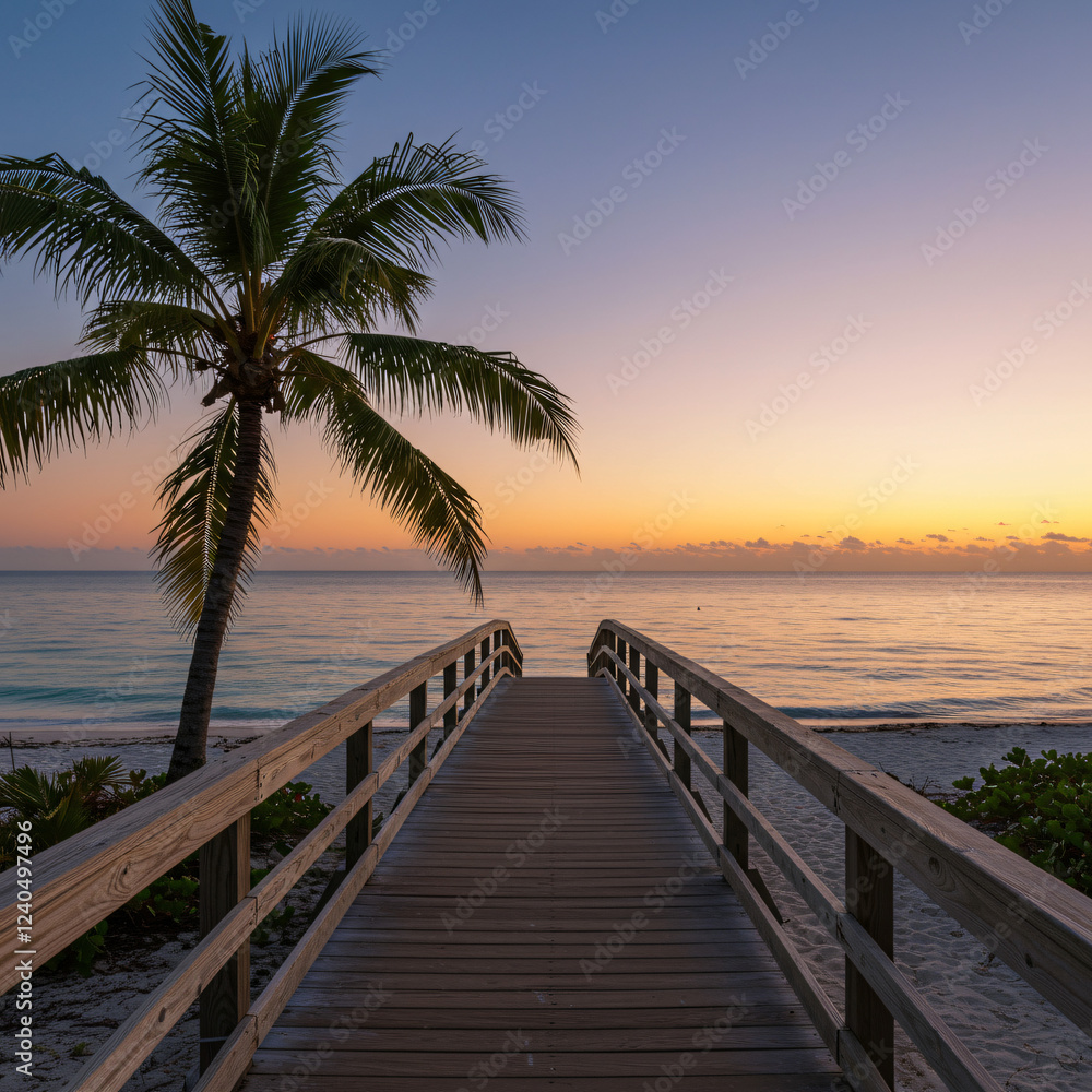 Serene Beach Sunrise Palm Tree Boardwalk to Ocean Serene Beach Sunrise Palm Tree Boardwalk to Ocean
