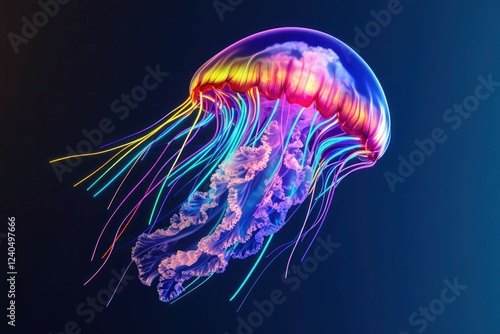 A neon jellyfish glowing with multicolored tentacles, floating on a deep navy and aqua gradient background for an aquatic ambiance.