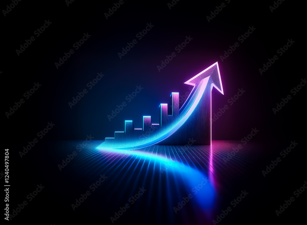 Neon arrow and bar graph ascend in a dark environment, illustrating growth and progress. The vibrant colors and sleek design create a futuristic feel. Neon arrow and bar graph ascend in a dark environment, illustrating growth and progress. The vibrant colors and sleek design create a futuristic feel.