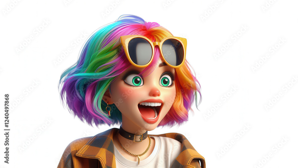 Naklejka premium Colorful animated character expressing joy in studio setting with vibrant background