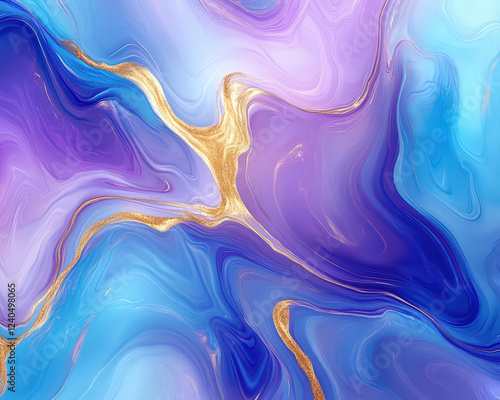 A painting of a blue and purple swirl with gold accents
