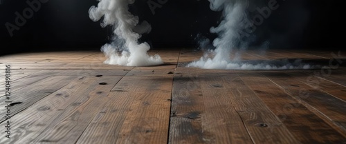Smoke rising from an old wooden table on a cold and dark floor, desolation, wood