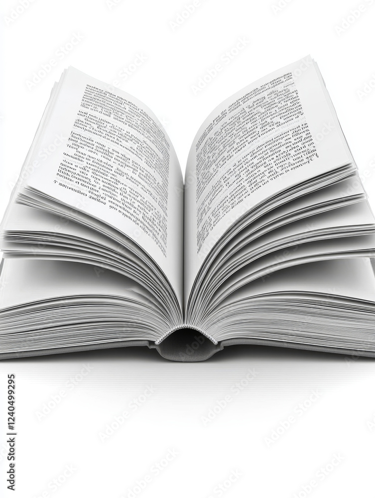 Open book, pages fanned, displaying dense text, isolated on white. Open book, pages fanned, displaying dense text, isolated on white.