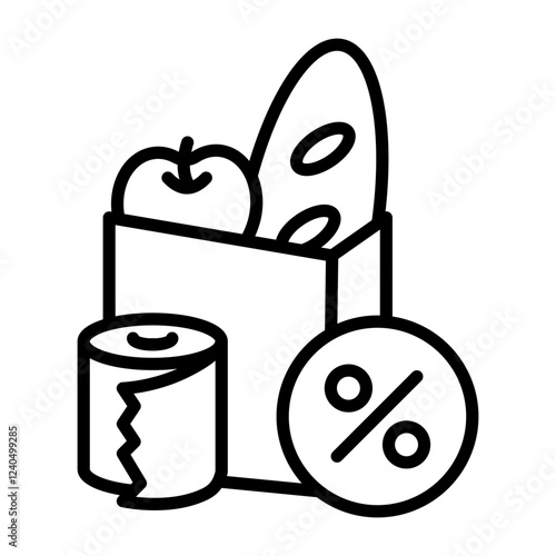 Consumption tax image icon. There are apples, bread, toilet paper, and percentages.
