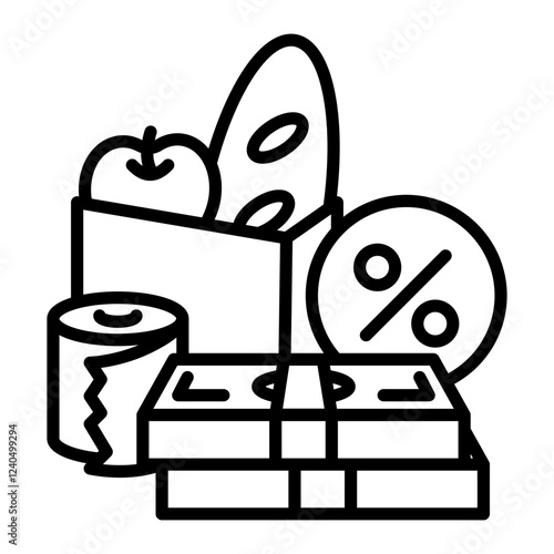 Consumption tax image icon. There are apples, bread, toilet paper, banknotes, and percentages.