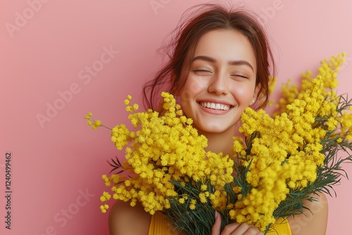March 8. Beautiful young woman with mimosa flowers on pink background.