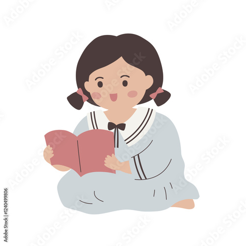 Colorful vector illustration of a girl reading a book, kids, young students, kindergarten, children 