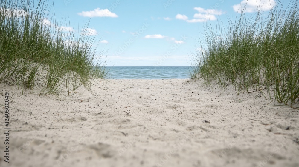 Sandy path to tranquil beach, summer sky Sandy path to tranquil beach, summer sky