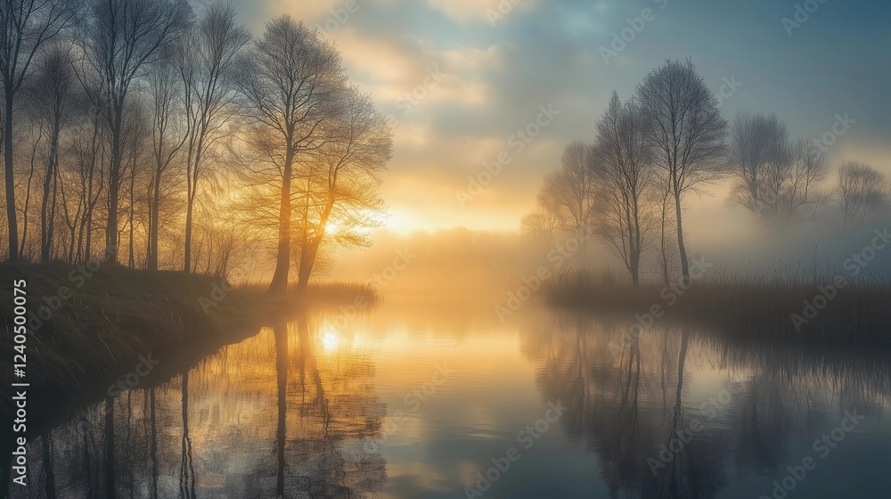 Obraz premium A serene scene of a lake with trees in the background. The sun is setting, casting a warm glow on the water. The reflection of the trees and sky can be seen in the water