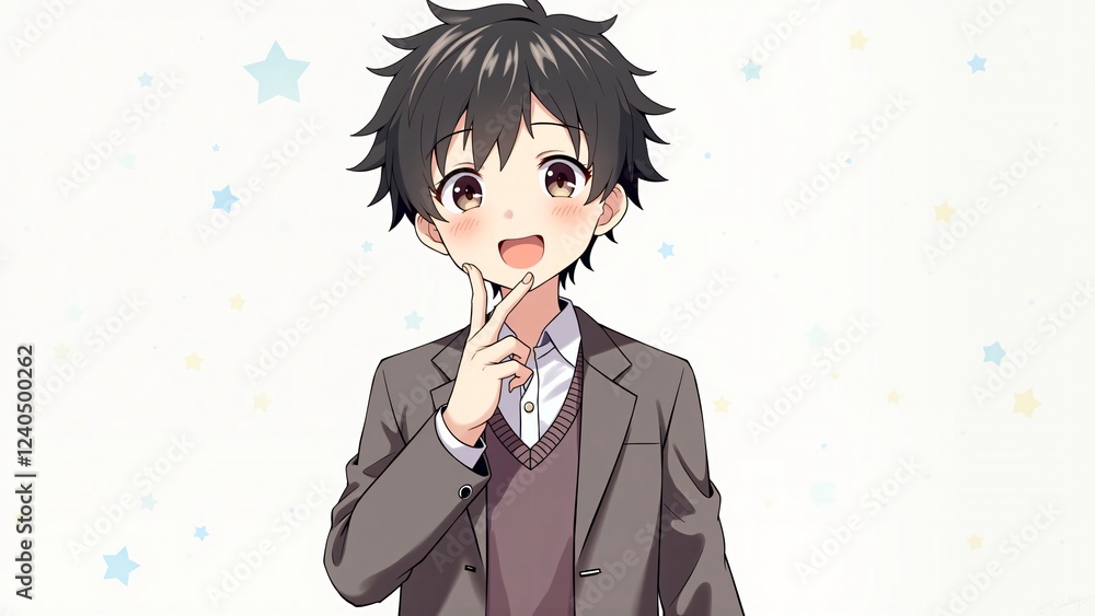 Adorable Anime Boy with Thoughtful Expression and Starry Background Adorable Anime Boy with Thoughtful Expression and Starry Background