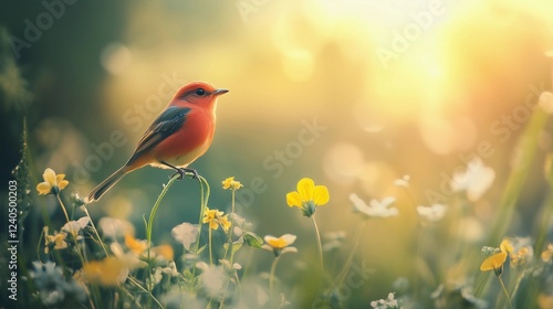 A small red bird is perched on a flower in a field. The bird is surrounded by yellow flowers, creating a bright and cheerful scene. Concept of peace and tranquility