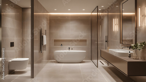 This modern bathroom interior features sleek tiles, a contemporary design, and a clean aesthetic photo