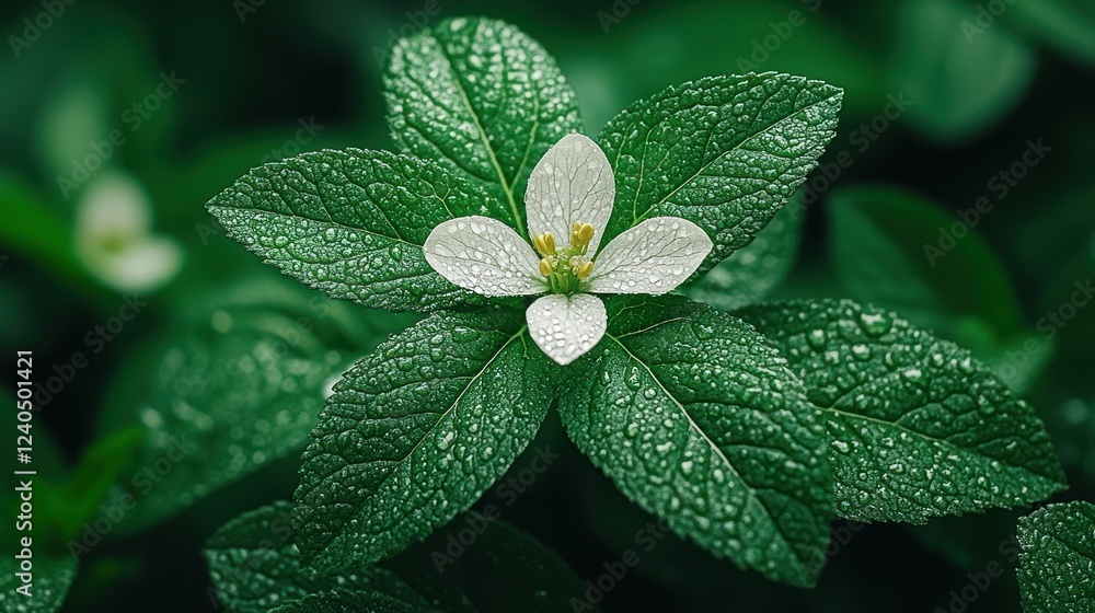 Dewy white flower, green leaves, garden, nature background, floral design Dewy white flower, green leaves, garden, nature background, floral design