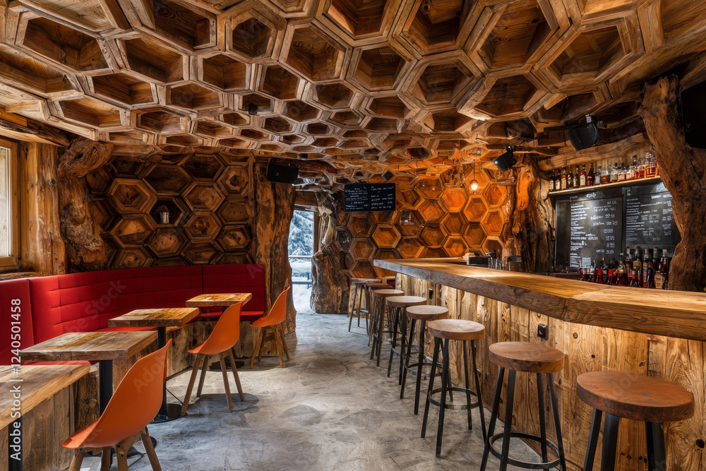 Naklejka premium Rustic wooden bar with honeycomb-patterned walls and ceiling, orange seating.